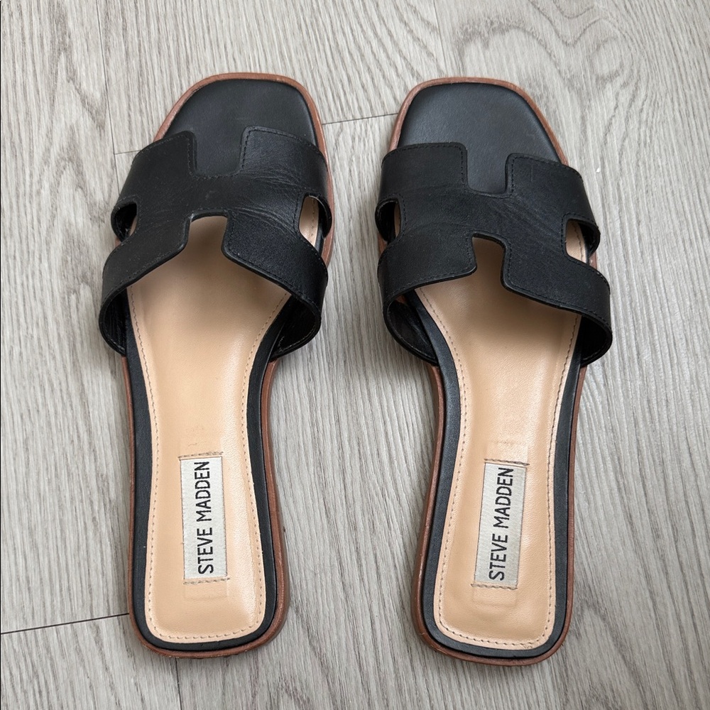 Steve Madden Black Leather Slide Sandals 👡✨☀️